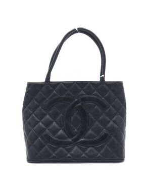 Chanel Quilted Medallion Tote Black Caviar Leather Silver